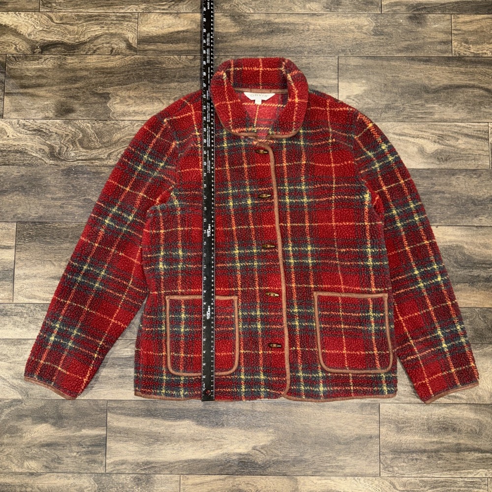 Orvis Deep-Pile Fleece Jacket Red Coat Plaid Women's Size L Toggle Front - Picture 5 of 8